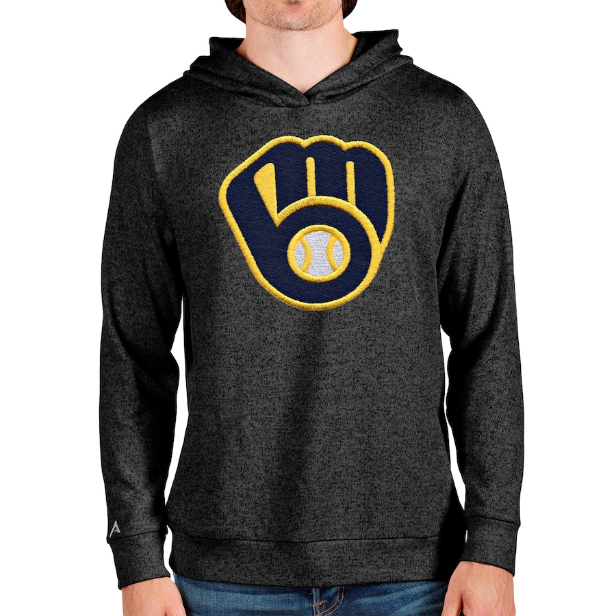 Men's Milwaukee Brewers Antigua Heathered Black Team Logo Absolute Pullover Hoodie