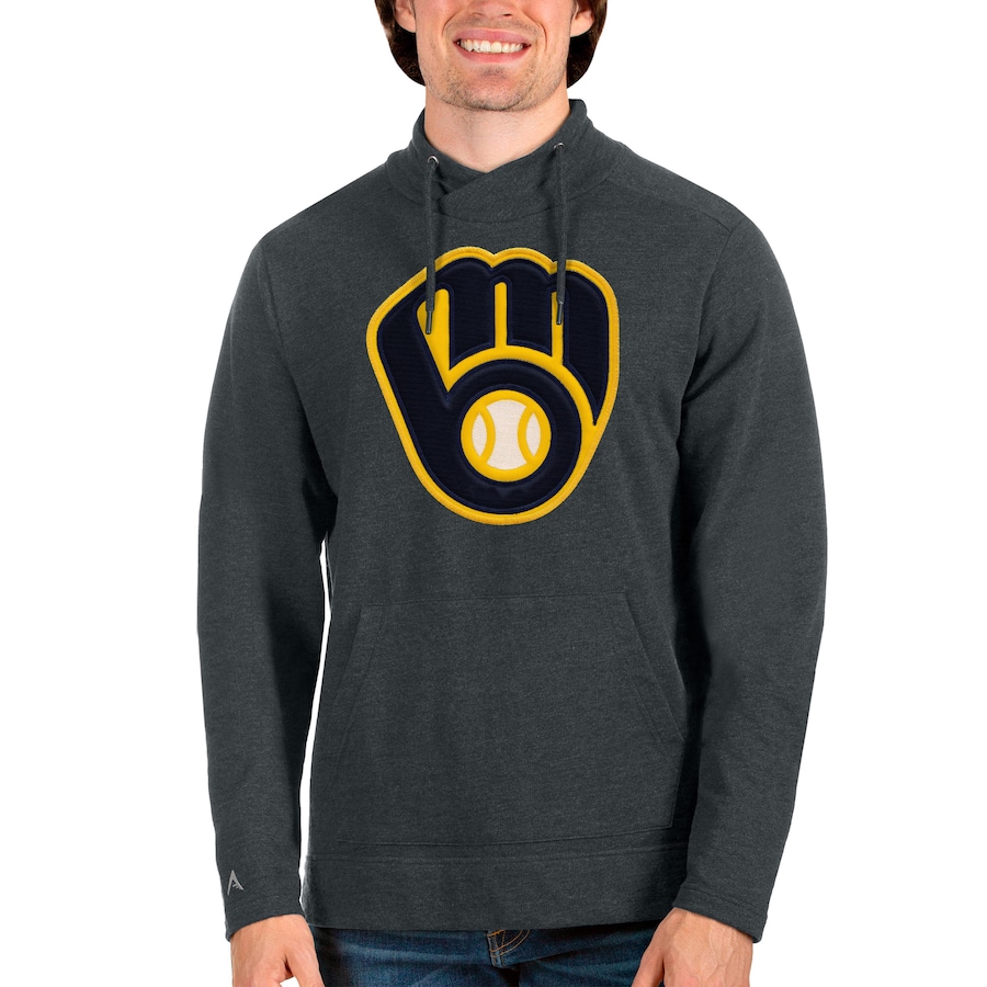 Men's Milwaukee Brewers Antigua Heathered Charcoal Reward Pullover Sweatshirt