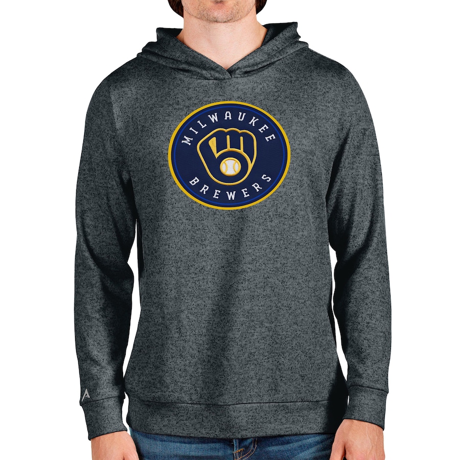 Men's Milwaukee Brewers Antigua Heathered Charcoal Team Logo Absolute Pullover Hoodie