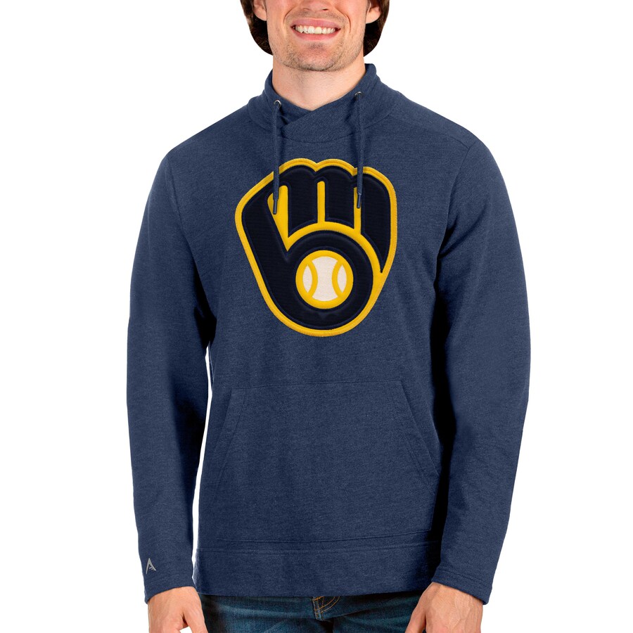 Men's Milwaukee Brewers Antigua Heathered Navy Reward Pullover Sweatshirt