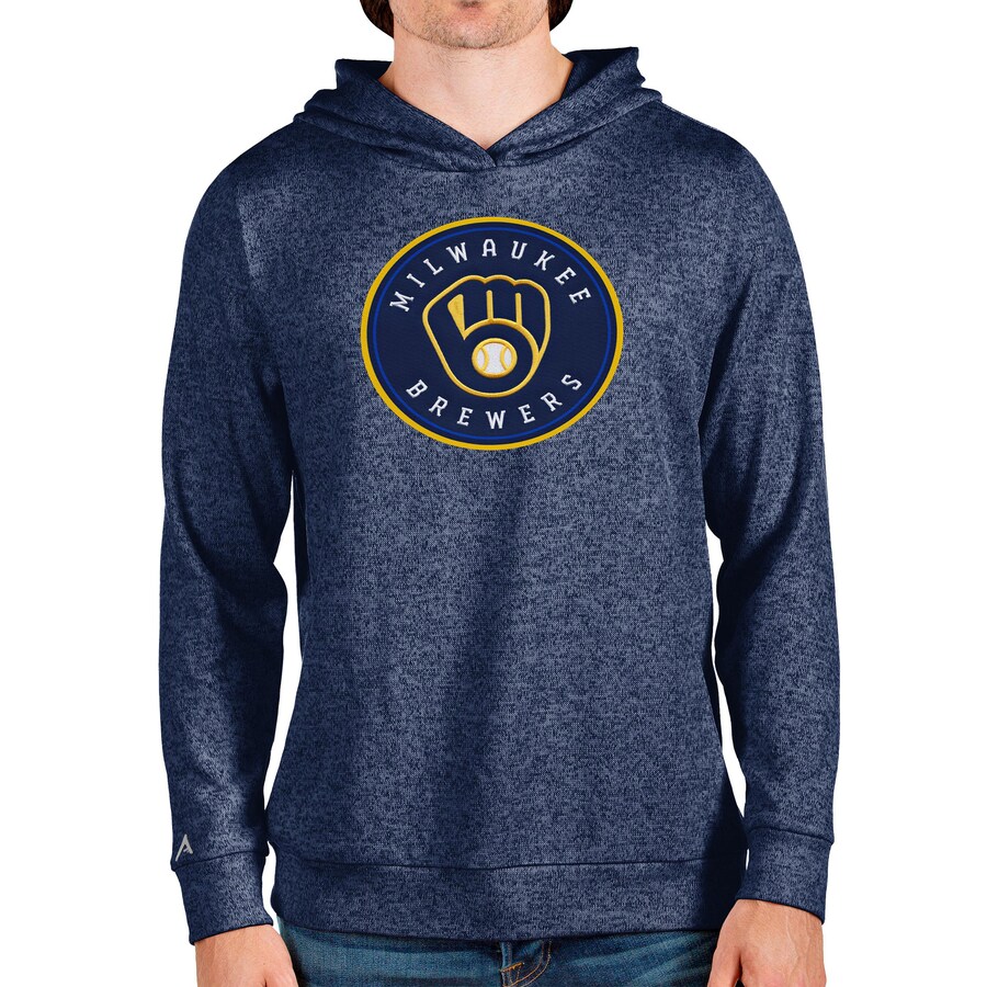 Men's Milwaukee Brewers Antigua Heathered Navy Team Logo Absolute Pullover Hoodie