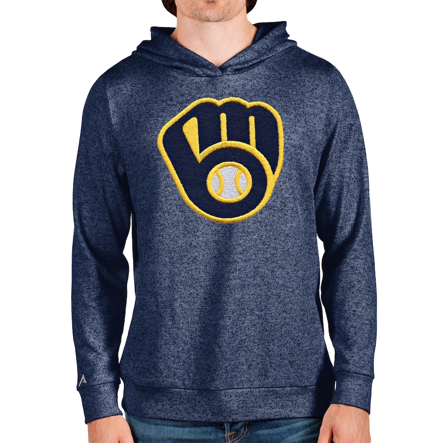 Men's Milwaukee Brewers Antigua Heathered Navy Team Logo Absolute Pullover Hoodie