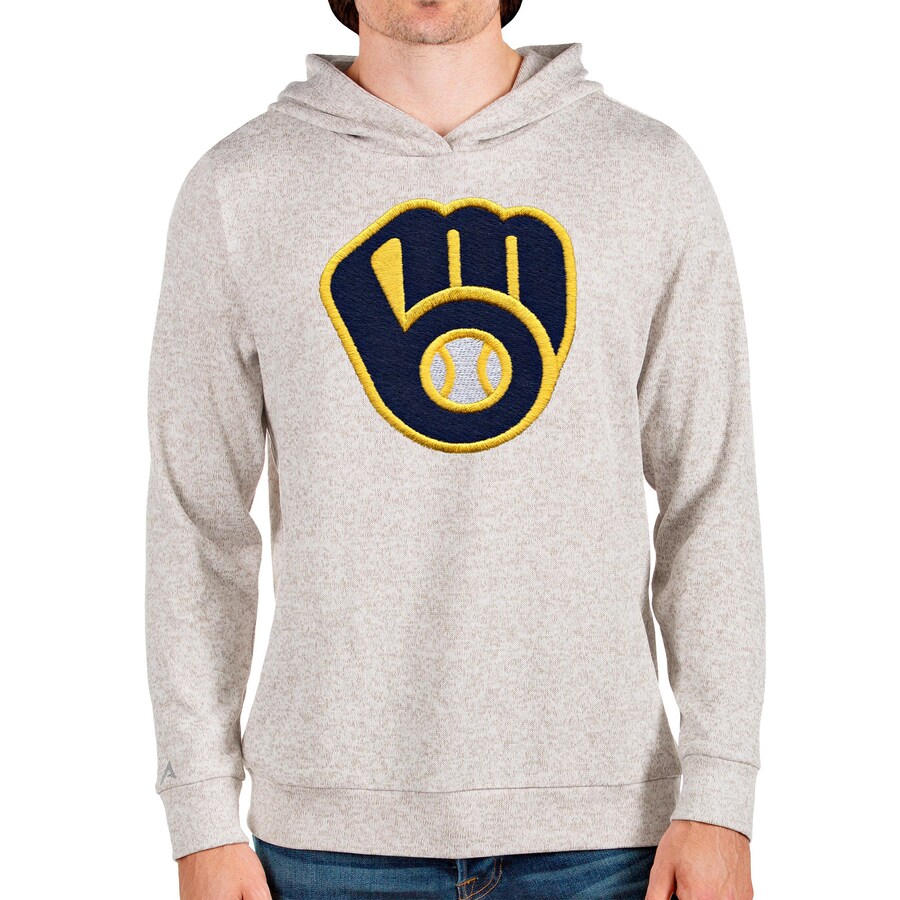 Men's Milwaukee Brewers Antigua Oatmeal Team Logo Absolute Pullover Hoodie