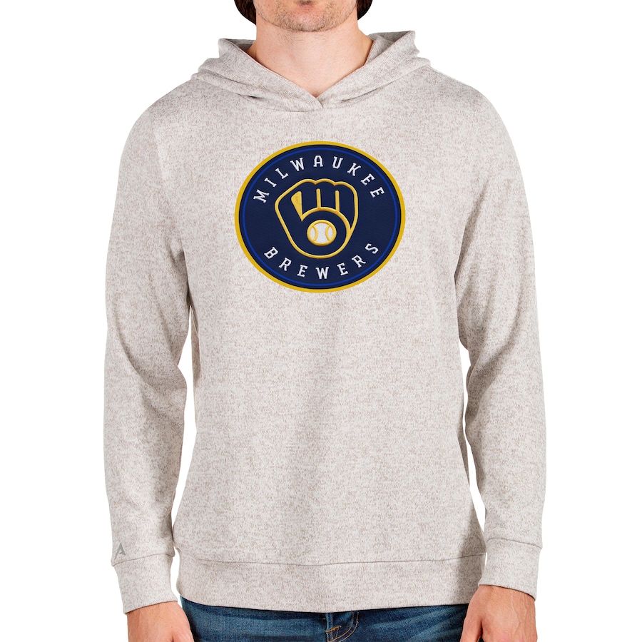 Men's Milwaukee Brewers Antigua Oatmeal Team Logo Absolute Pullover Hoodie