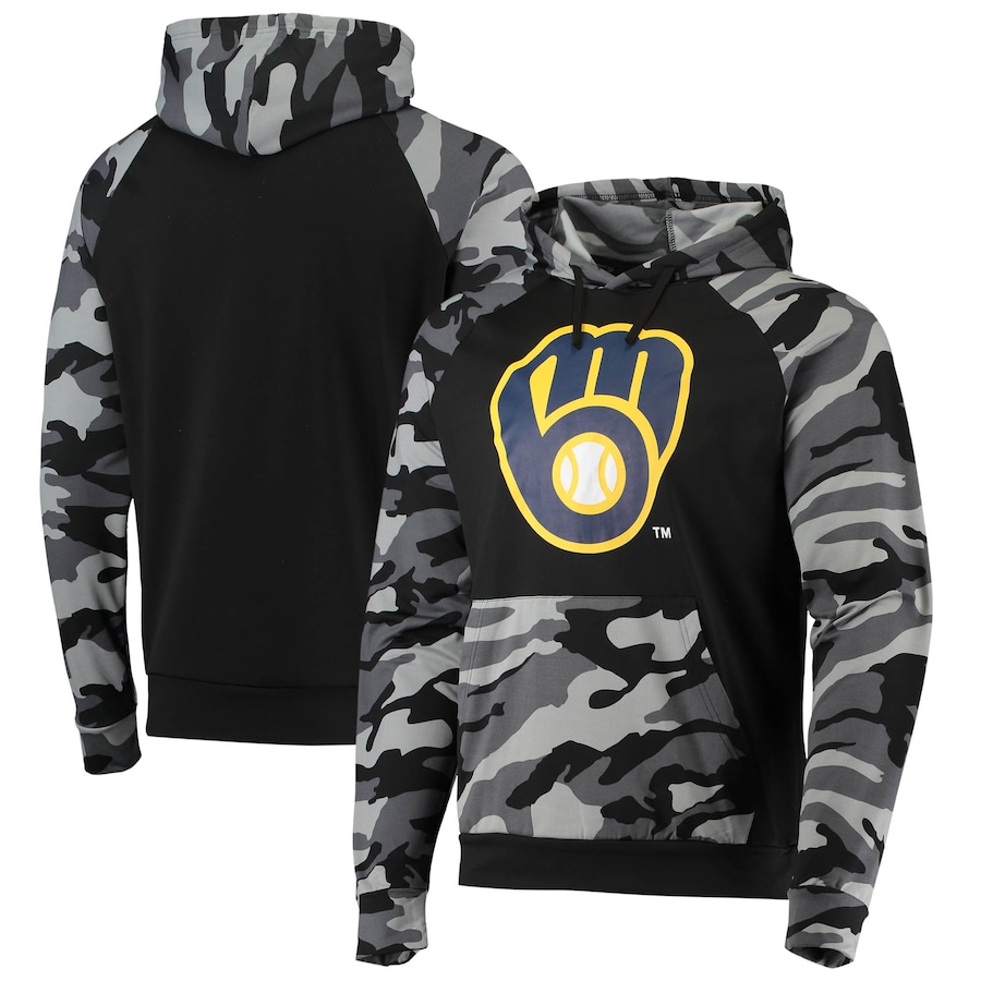 Men's Milwaukee Brewers FOCO Black Camo Raglan Pullover Hoodie Men's Milwaukee Brewers FOCO Black Camo Raglan Pullover Hoodie