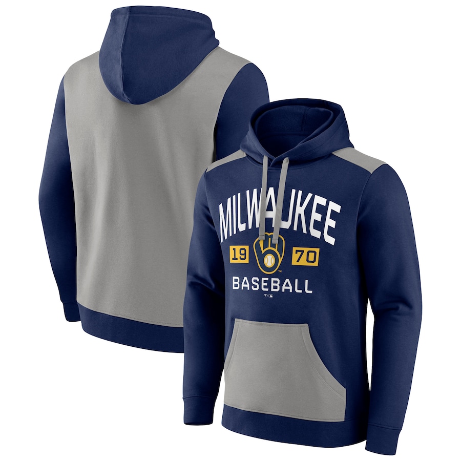 Men's Milwaukee Brewers Navy/Gray Chip In Team Pullover Hoodie Men's Milwaukee Brewers Navy/Gray Chip In Team Pullover Hoodie