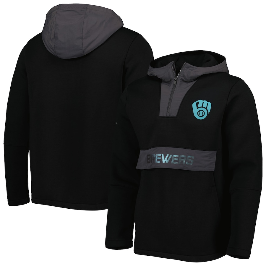 Men's Milwaukee Brewers Levelwear Black Ruckus Quarter-Zip Hoodie Men's Milwaukee Brewers Levelwear Black Ruckus Quarter-Zip Hoodie