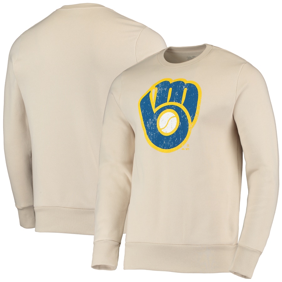 Men's Milwaukee Brewers Majestic Threads Oatmeal Fleece Pullover Sweatshirt