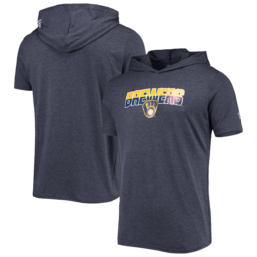 Men's Milwaukee Brewers New Era Heathered Navy Hoodie T-Shirt Men's Milwaukee Brewers New Era Heathered Navy Hoodie T-Shirt