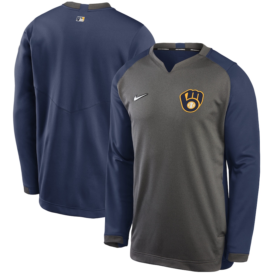 Men's Milwaukee Brewers Nike Charcoal/Navy Authentic Collection Thermal Crew Performance Pullover Sweatshirt Men's Milwaukee Brewers Nike Charcoal/Navy Authentic Collection Thermal Crew Performance Pullover Sweatshirt