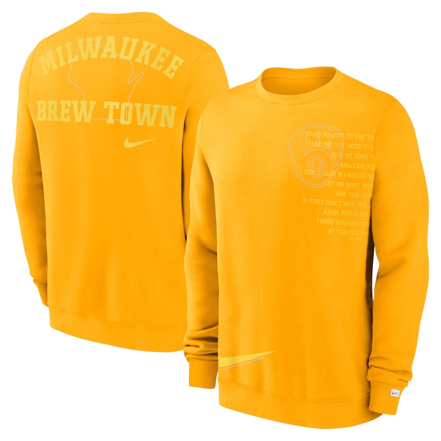 Men's Milwaukee Brewers Nike Gold Statement Ball Game Fleece Pullover Sweatshirt Men's Milwaukee Brewers Nike Gold Statement Ball Game Fleece Pullover Sweatshirt