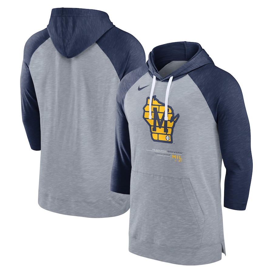 Men's Milwaukee Brewers Nike Heather Gray/Heather Navy Baseball Raglan 3/4-Sleeve Pullover Hoodie