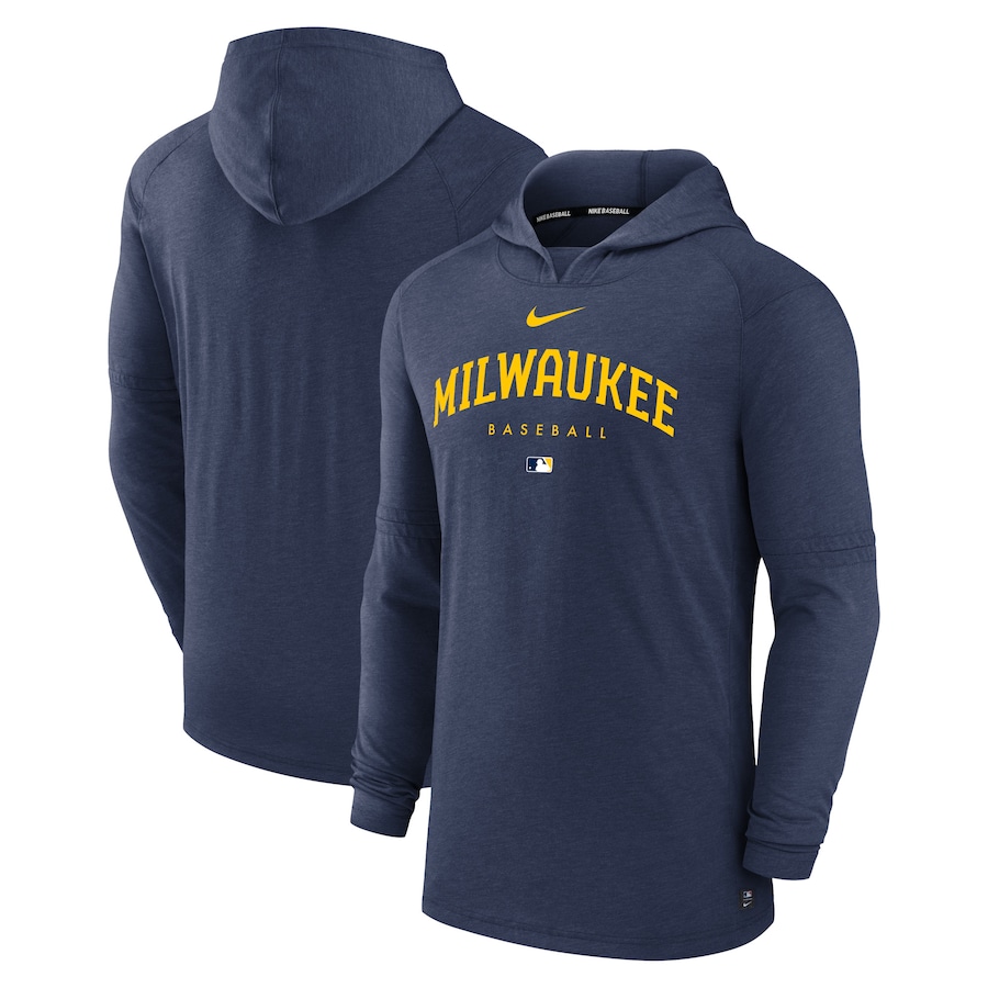 Men's Milwaukee Brewers Nike Heather Navy Authentic Collection Early Work Tri-Blend Performance Pullover Hoodie Men's Milwaukee Brewers Nike Heather Navy Authentic Collection Early Work Tri-Blend Performance Pullover Hoodie