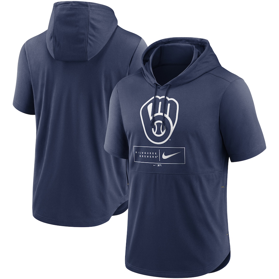 Men's Milwaukee Brewers Nike Navy Logo Lockup Performance Short-Sleeved Pullover Hoodie Men's Milwaukee Brewers Nike Navy Logo Lockup Performance Short-Sleeved Pullover Hoodie