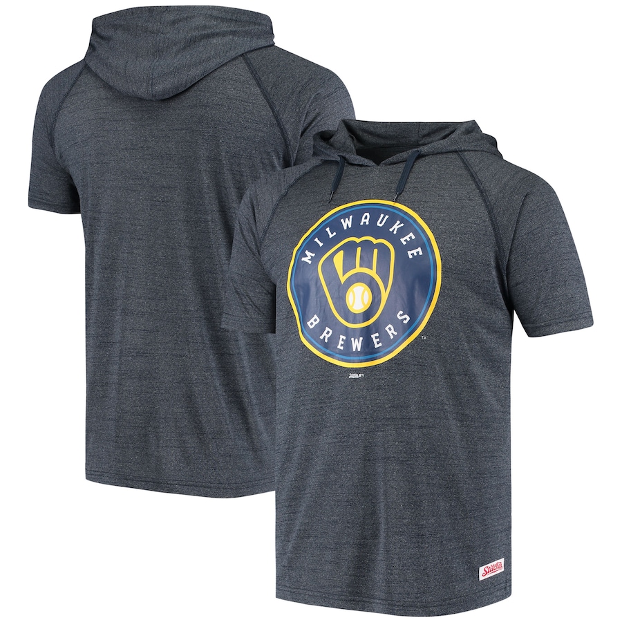 Men's Milwaukee Brewers Stitches Heathered Navy Raglan Short Sleeve Pullover Hoodie Men's Milwaukee Brewers Stitches Heathered Navy Raglan Short Sleeve Pullover Hoodie