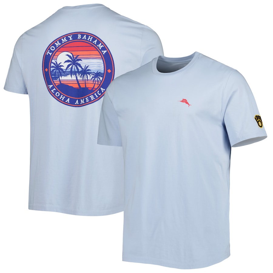 Men's Milwaukee Brewers Tommy Bahama Light Blue Aloha America T-Shirt Men's Milwaukee Brewers Tommy Bahama Light Blue Aloha America T-Shirt
