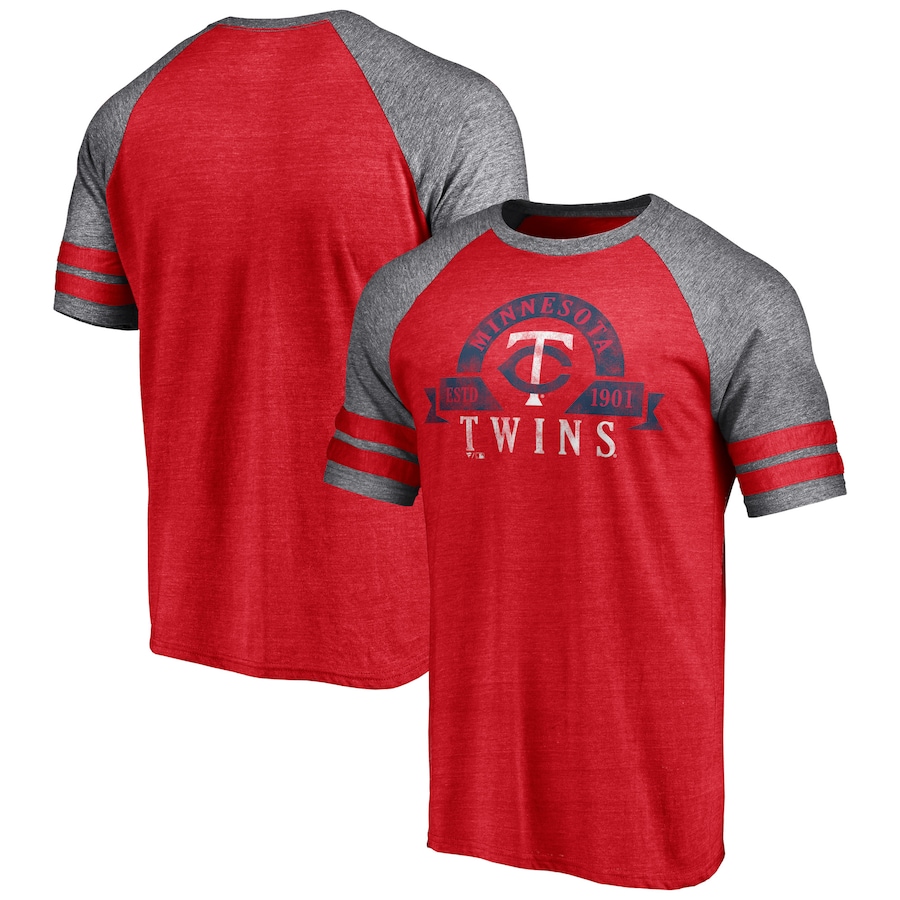 Men's Minnesota Twins Heather Red Utility Two-Stripe Raglan Tri-Blend T-Shirt