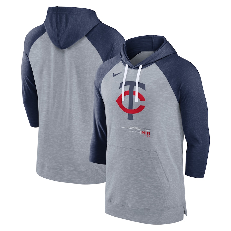Men's Minnesota Twins Nike Heather Gray/Heather Navy Baseball Raglan 3/4-Sleeve Pullover Hoodie Men's Minnesota Twins Nike Heather Gray/Heather Navy Baseball Raglan 3/4-Sleeve Pullover Hoodie