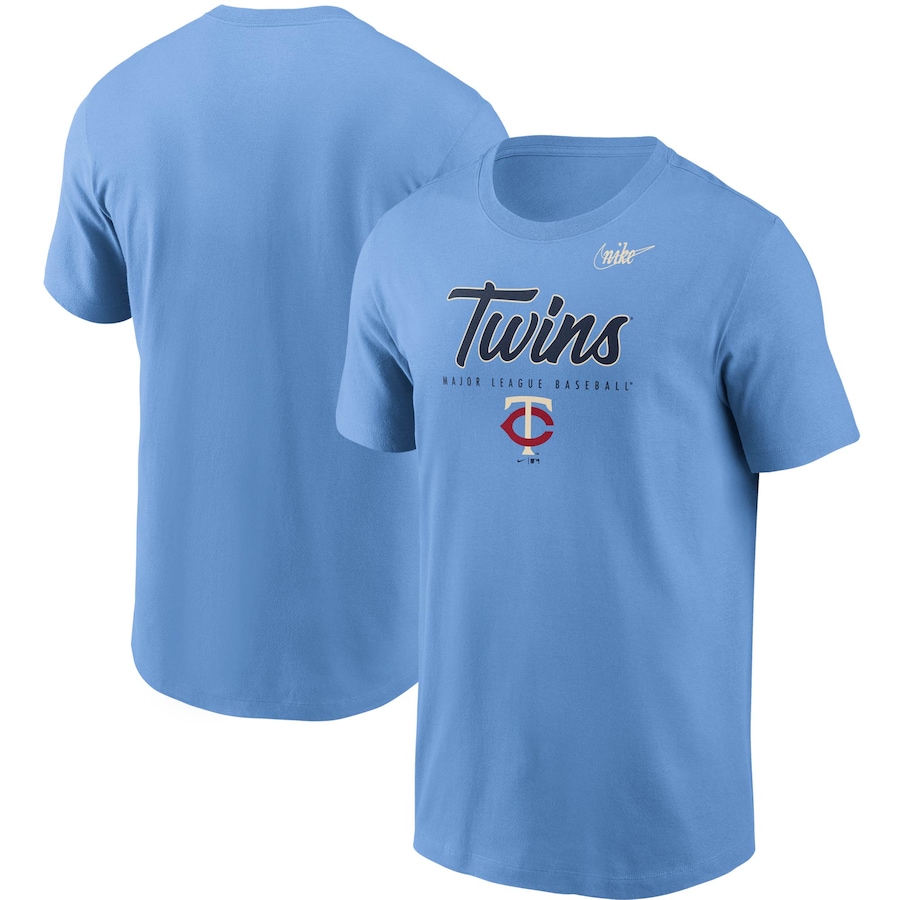 Men's Minnesota Twins Nike Light Blue Cooperstown Collection Wordmark Script Logo T-Shirt