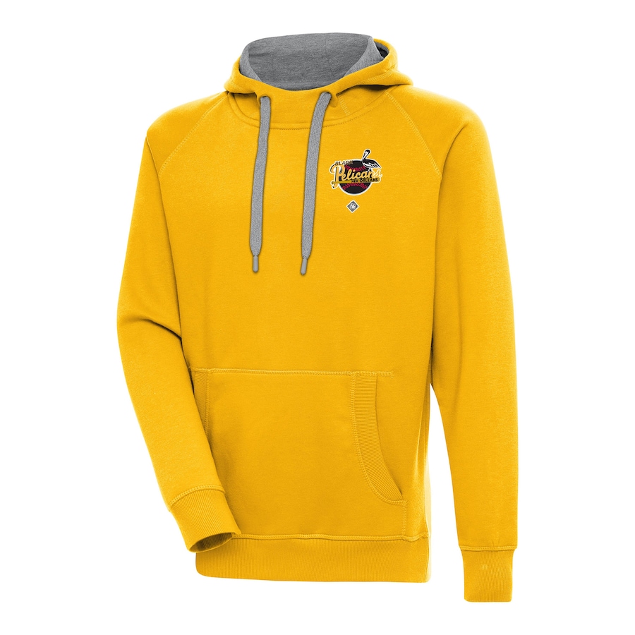 Men's New Orleans Black Pelicans Antigua Gold Victory Pullover Hoodie Men's New Orleans Black Pelicans Antigua Gold Victory Pullover Hoodie