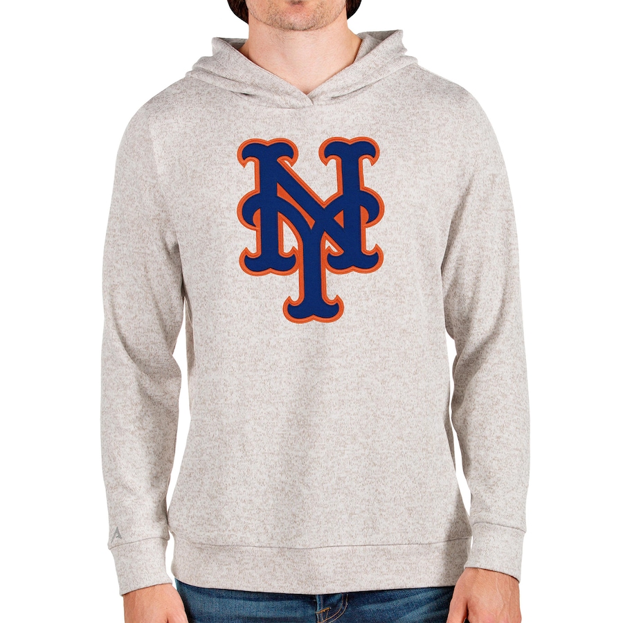 Men's New York Mets Antigua Oatmeal Team Logo Absolute Pullover Hoodie