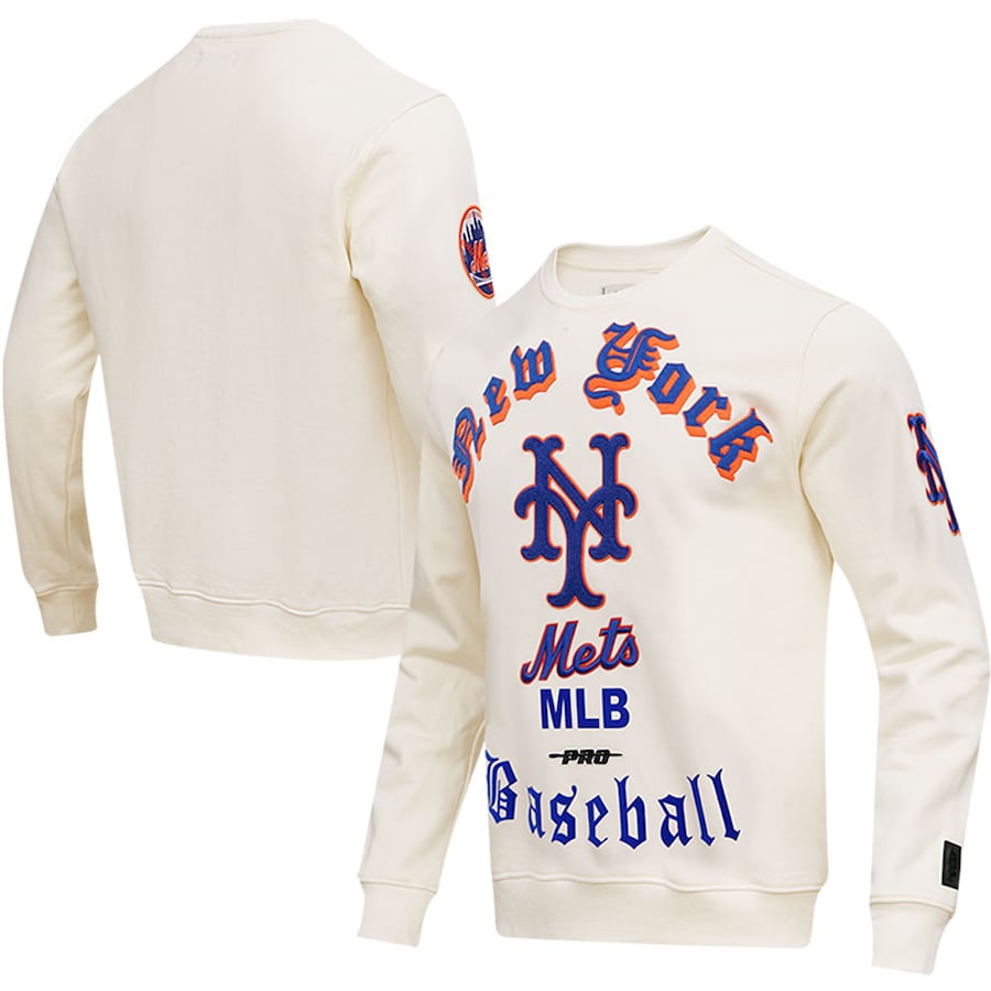 Men's New York Mets Pro Standard Cream Cooperstown Collection Retro Old English Pullover Sweatshirt Men's New York Mets Pro Standard Cream Cooperstown Collection Retro Old English Pullover Sweatshirt