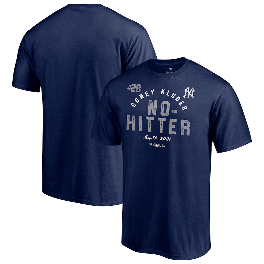 Men's New York Yankees Corey Kluber Navy No Hitter T-Shirt Men's New York Yankees Corey Kluber Navy No Hitter T-Shirt