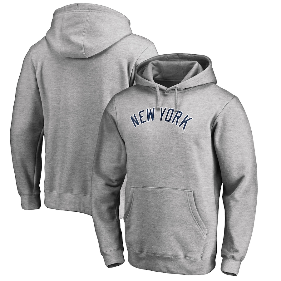 Men's New York Yankees Heather Gray Official Wordmark Fitted Pullover Hoodie Men's New York Yankees Heather Gray Official Wordmark Fitted Pullover Hoodie