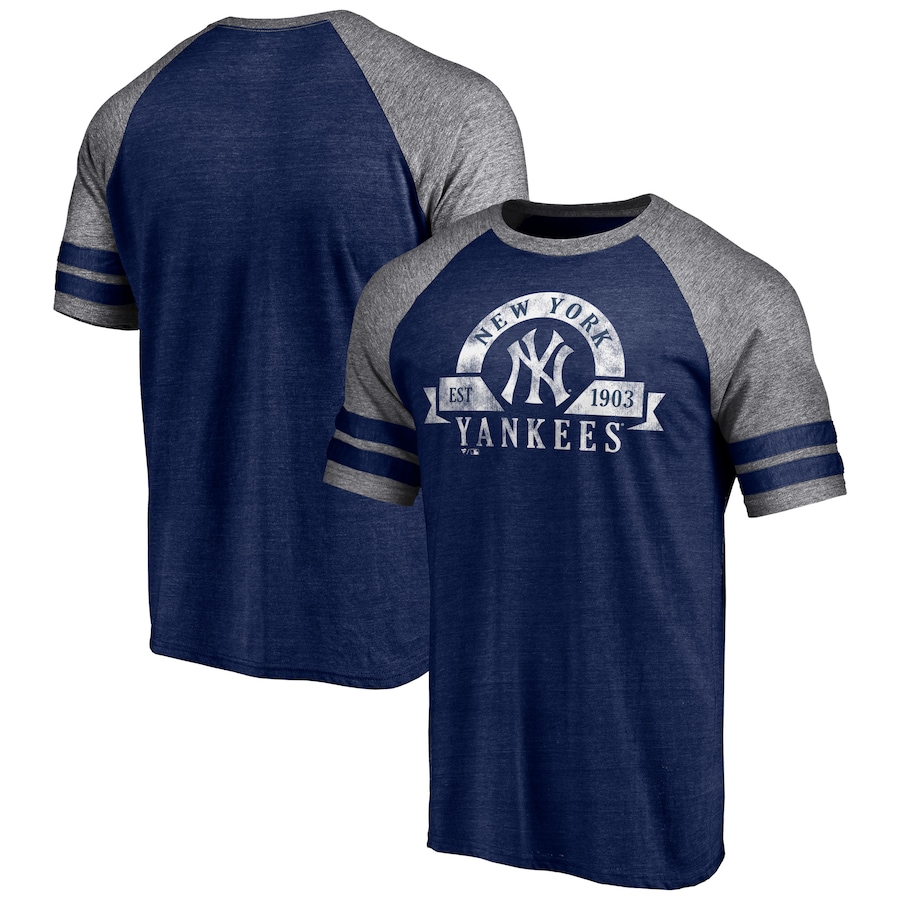 Men's New York Yankees Heather Navy Utility Two-Stripe Raglan Tri-Blend T-Shirt Men's New York Yankees Heather Navy Utility Two-Stripe Raglan Tri-Blend T-Shirt