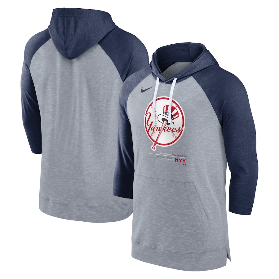 Men's New York Yankees Nike Heather Gray/Heather Navy Baseball Raglan 3/4-Sleeve Pullover Hoodie Men's New York Yankees Nike Heather Gray/Heather Navy Baseball Raglan 3/4-Sleeve Pullover Hoodie