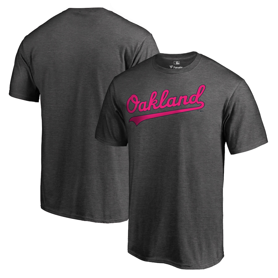 Men's Oakland Athletics Heather Gray 2019 Mother's Day Pink Wordmark T-Shirt Men's Oakland Athletics Heather Gray 2019 Mother's Day Pink Wordmark T-Shirt