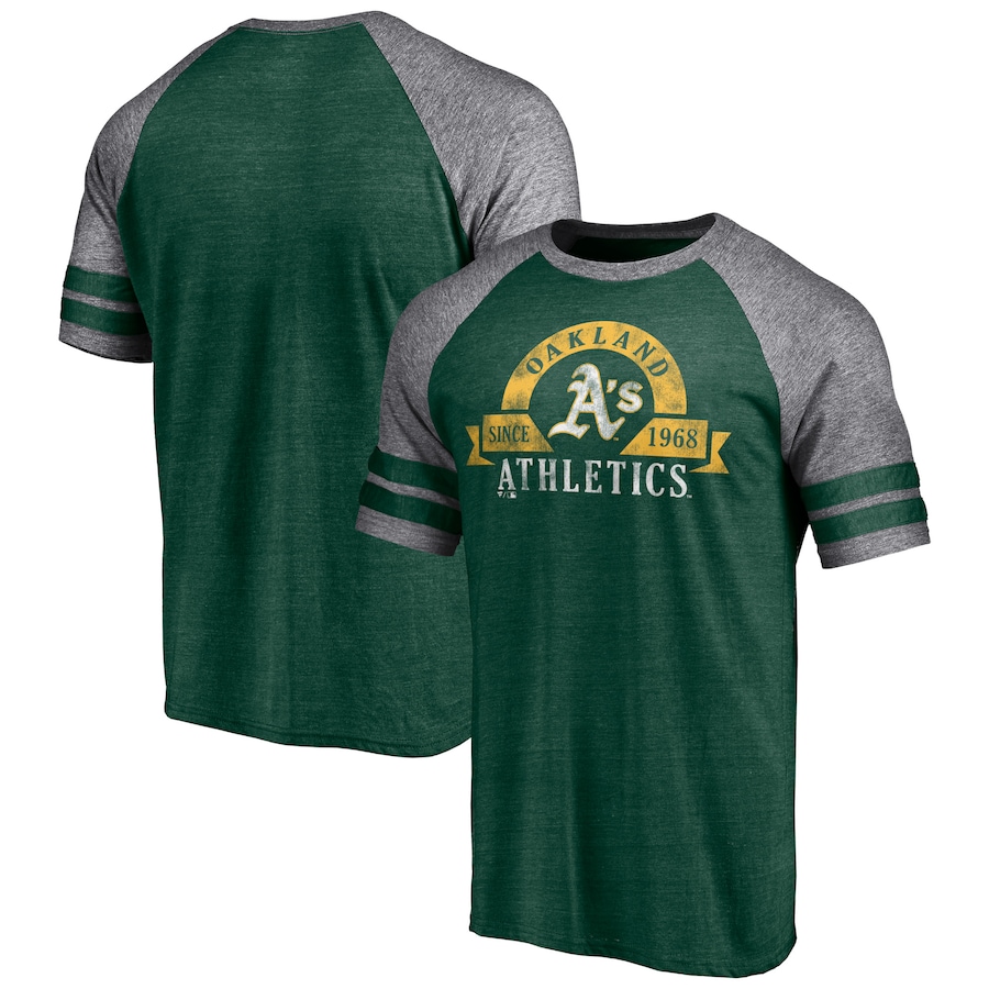 Men's Oakland Athletics Heather Green Utility Two-Stripe Raglan Tri-Blend T-Shirt Men's Oakland Athletics Heather Green Utility Two-Stripe Raglan Tri-Blend T-Shirt