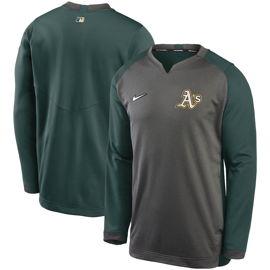Men's Oakland Athletics Nike Charcoal/Green Authentic Collection Thermal Crew Performance Pullover Sweatshirt Men's Oakland Athletics Nike Charcoal/Green Authentic Collection Thermal Crew Performance Pullover Sweatshirt