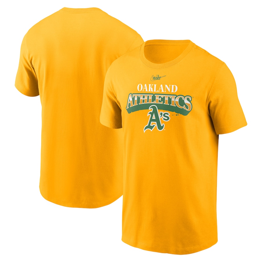 Men's Oakland Athletics Nike Gold Cooperstown Collection Rewind Arch T-Shirt