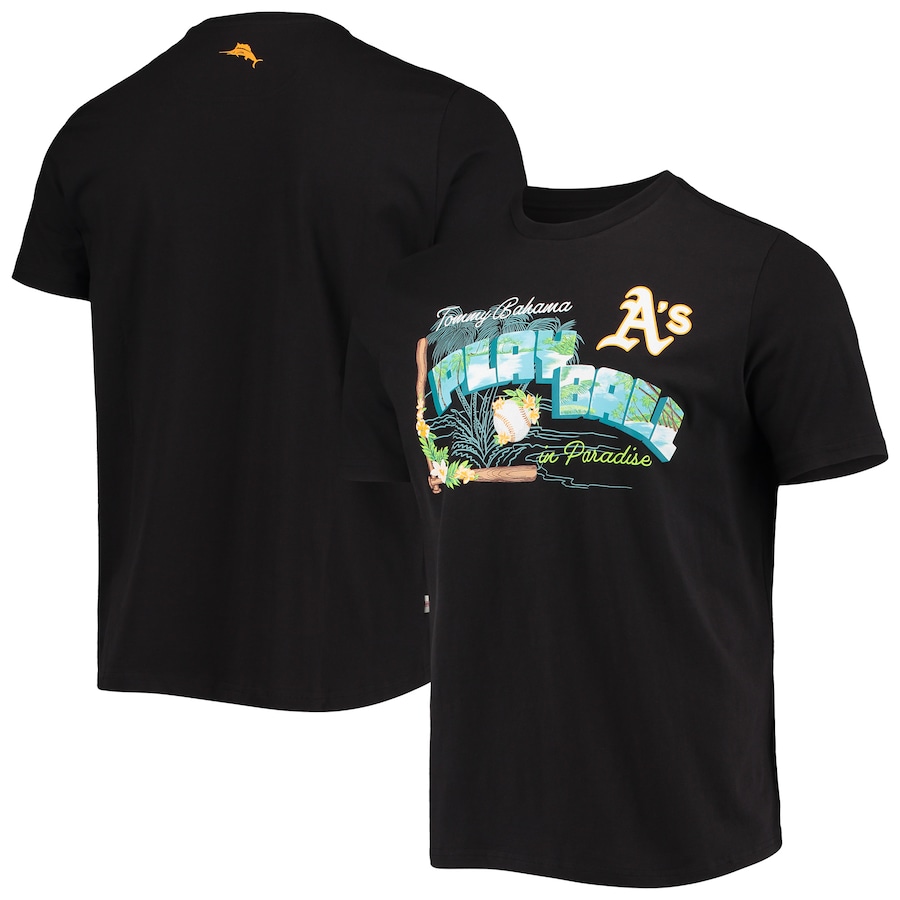 Men's Oakland Athletics Tommy Bahama Black Play Ball T-Shirt Men's Oakland Athletics Tommy Bahama Black Play Ball T-Shirt