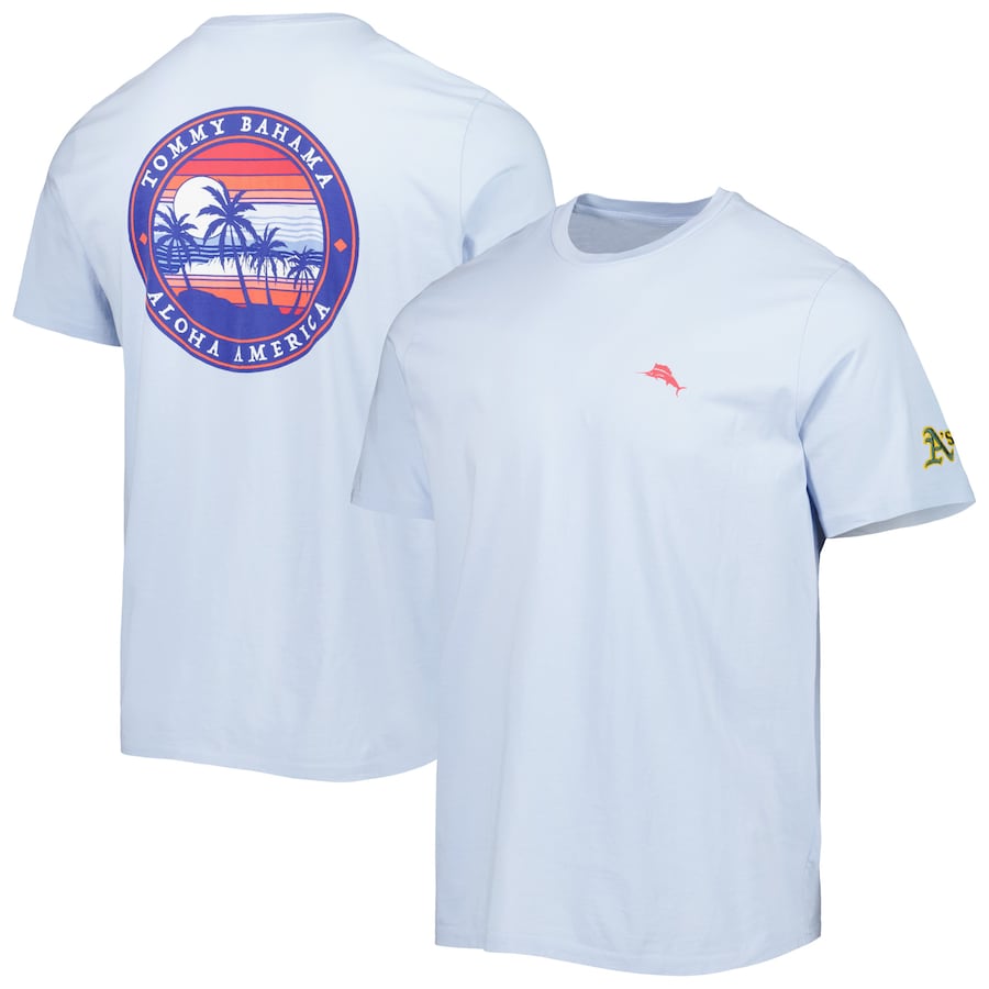 Men's Oakland Athletics Tommy Bahama Light Blue Aloha America T-Shirt