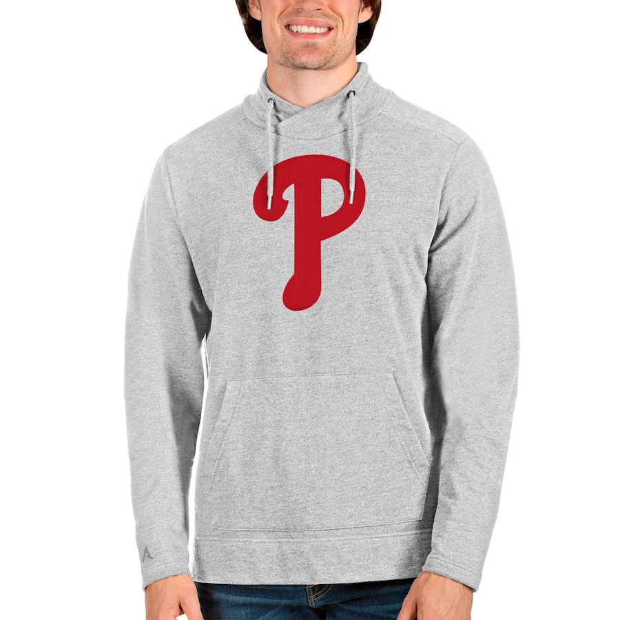 Men's Philadelphia Phillies Antigua Heathered Gray Reward Pullover Sweatshirt Men's Philadelphia Phillies Antigua Heathered Gray Reward Pullover Sweatshirt