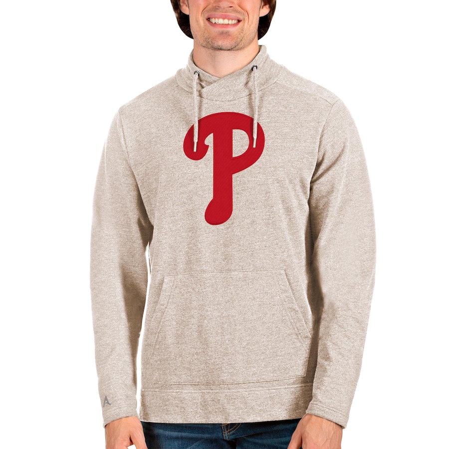 Men's Philadelphia Phillies Antigua Oatmeal Reward Pullover Sweatshirt