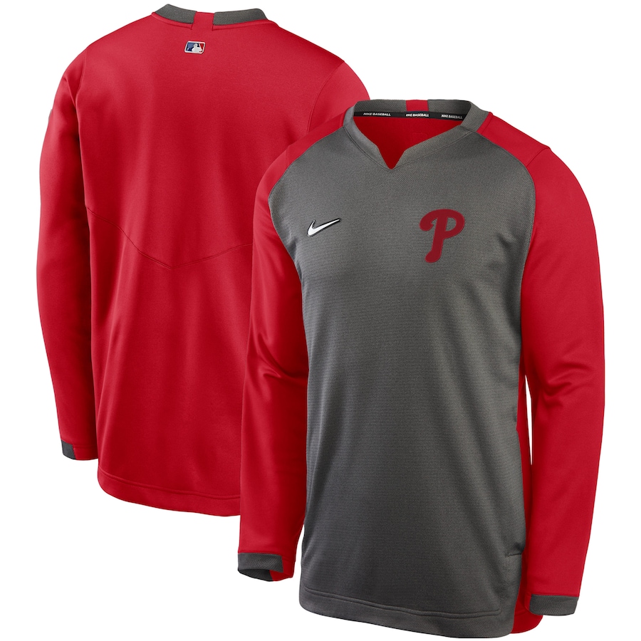 Men's Philadelphia Phillies Nike Charcoal/Red Authentic Collection Thermal Crew Performance Pullover Sweatshirt Men's Philadelphia Phillies Nike Charcoal/Red Authentic Collection Thermal Crew Performance Pullover Sweatshirt