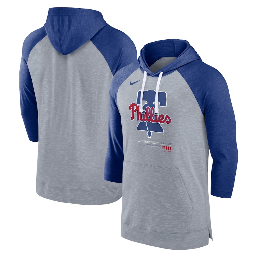 Men's Philadelphia Phillies Nike Heather Gray/Heather Royal Baseball Raglan 3/4-Sleeve Pullover Hoodie Men's Philadelphia Phillies Nike Heather Gray/Heather Royal Baseball Raglan 3/4-Sleeve Pullover Hoodie