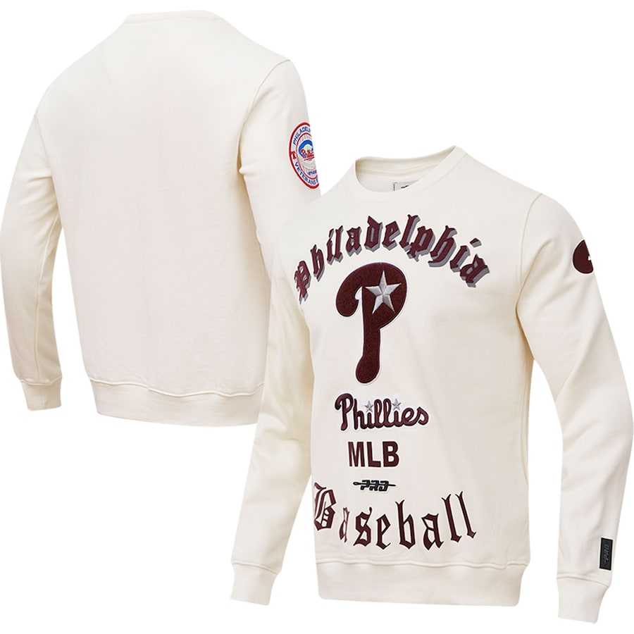 Men's Philadelphia Phillies Pro Standard Cream Cooperstown Collection Retro Old English Pullover Sweatshirt Men's Philadelphia Phillies Pro Standard Cream Cooperstown Collection Retro Old English Pullover Sweatshirt