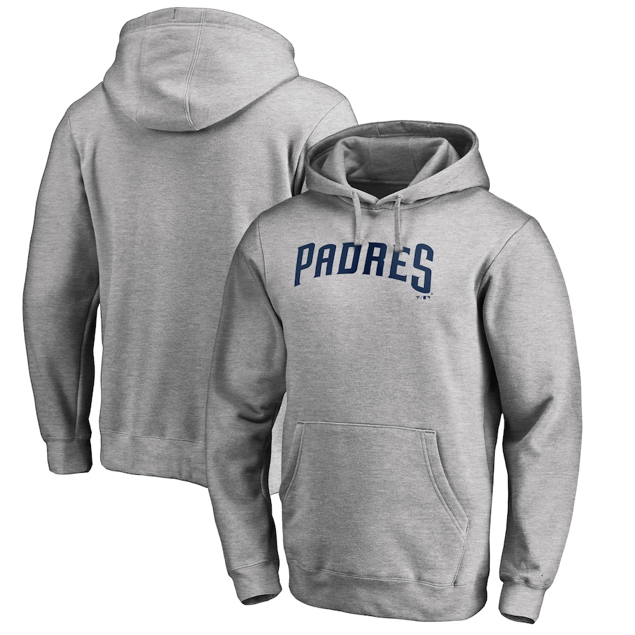 Men's San Diego Padres Heather Gray Official Wordmark Fitted Pullover Hoodie Men's San Diego Padres Heather Gray Official Wordmark Fitted Pullover Hoodie