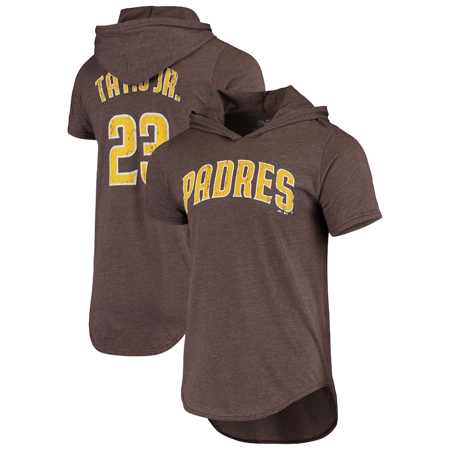 Men's San Diego Padres Fernando Tatis Jr. Majestic Threads Heathered Brown Softhand Player Tri-Blend Hoodie T-Shirt Men's San Diego Padres Fernando Tatis Jr. Majestic Threads Heathered Brown Softhand Player Tri-Blend Hoodie T-Shirt