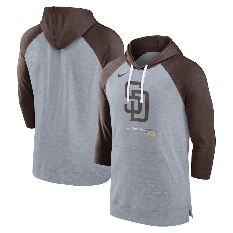 Men's San Diego Padres Nike Heather Gray/Heather Charcoal Baseball Raglan 3/4-Sleeve Pullover Hoodie Men's San Diego Padres Nike Heather Gray/Heather Charcoal Baseball Raglan 3/4-Sleeve Pullover Hoodie