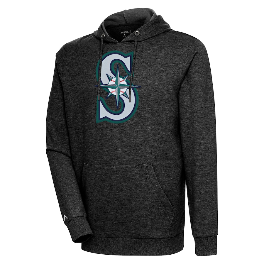 Men's Seattle Mariners Antigua Heather Black Action Pullover Hoodie