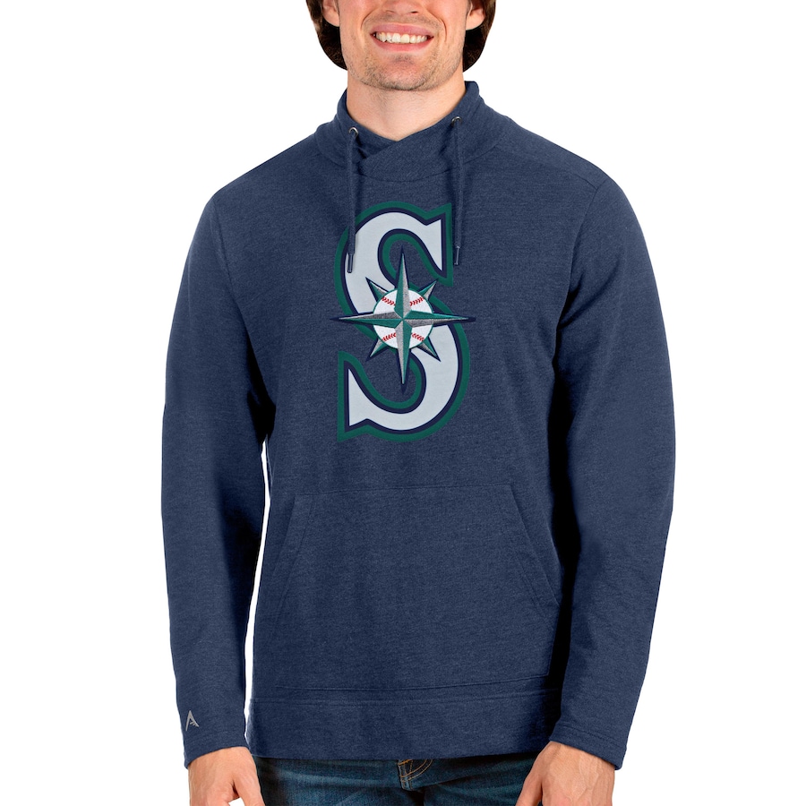 Men's Seattle Mariners Antigua Heathered Navy Reward Pullover Sweatshirt Men's Seattle Mariners Antigua Heathered Navy Reward Pullover Sweatshirt