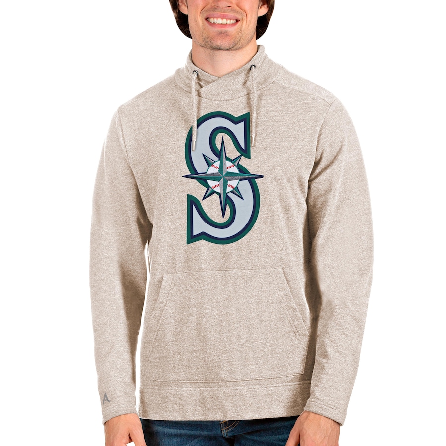 Men's Seattle Mariners Antigua Oatmeal Reward Pullover Sweatshirt