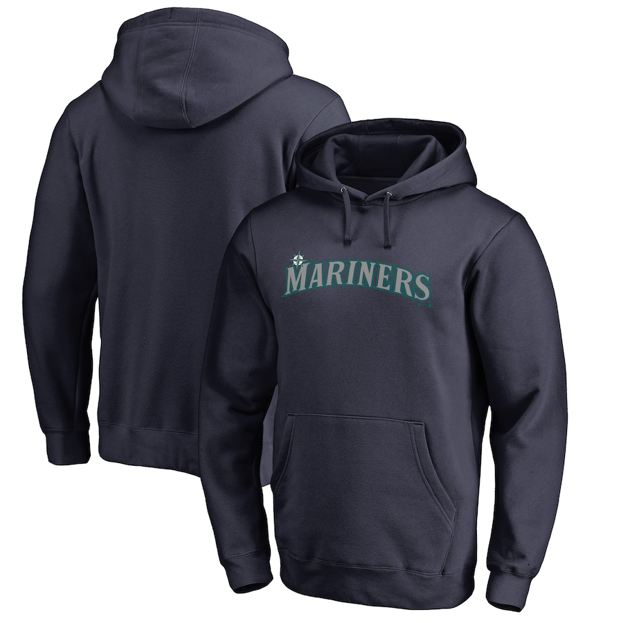 Men's Seattle Mariners Navy Official Wordmark Fitted Pullover Hoodie