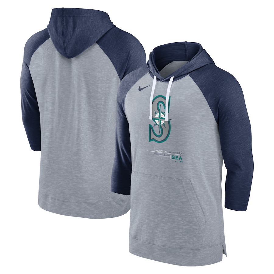 Men's Seattle Mariners Nike Heather Gray/Heather Navy Baseball Raglan 3/4-Sleeve Pullover Hoodie Men's Seattle Mariners Nike Heather Gray/Heather Navy Baseball Raglan 3/4-Sleeve Pullover Hoodie