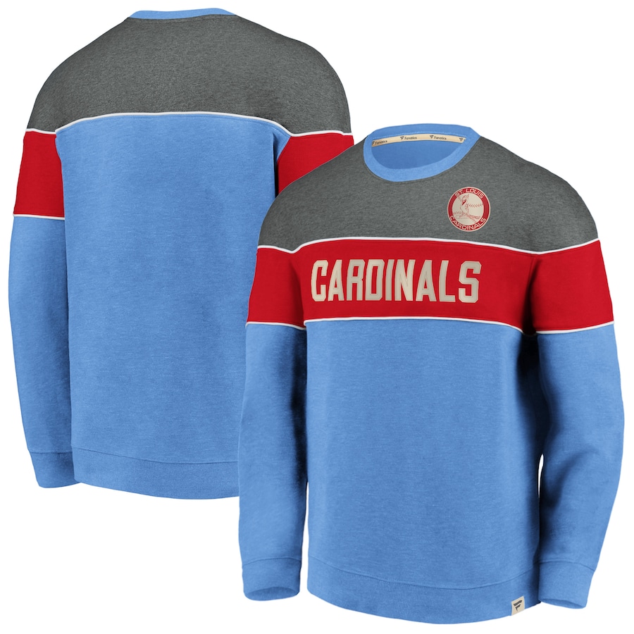 Men's St. Louis Cardinals Heathered Light Blue True Classics Signature Blocked Fleece Pullover Sweatshirt